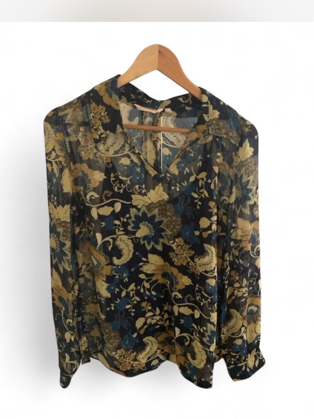 Coquette whimsy Soft Surroundings Black Floral V-Neck Long Sleeve Blouse S